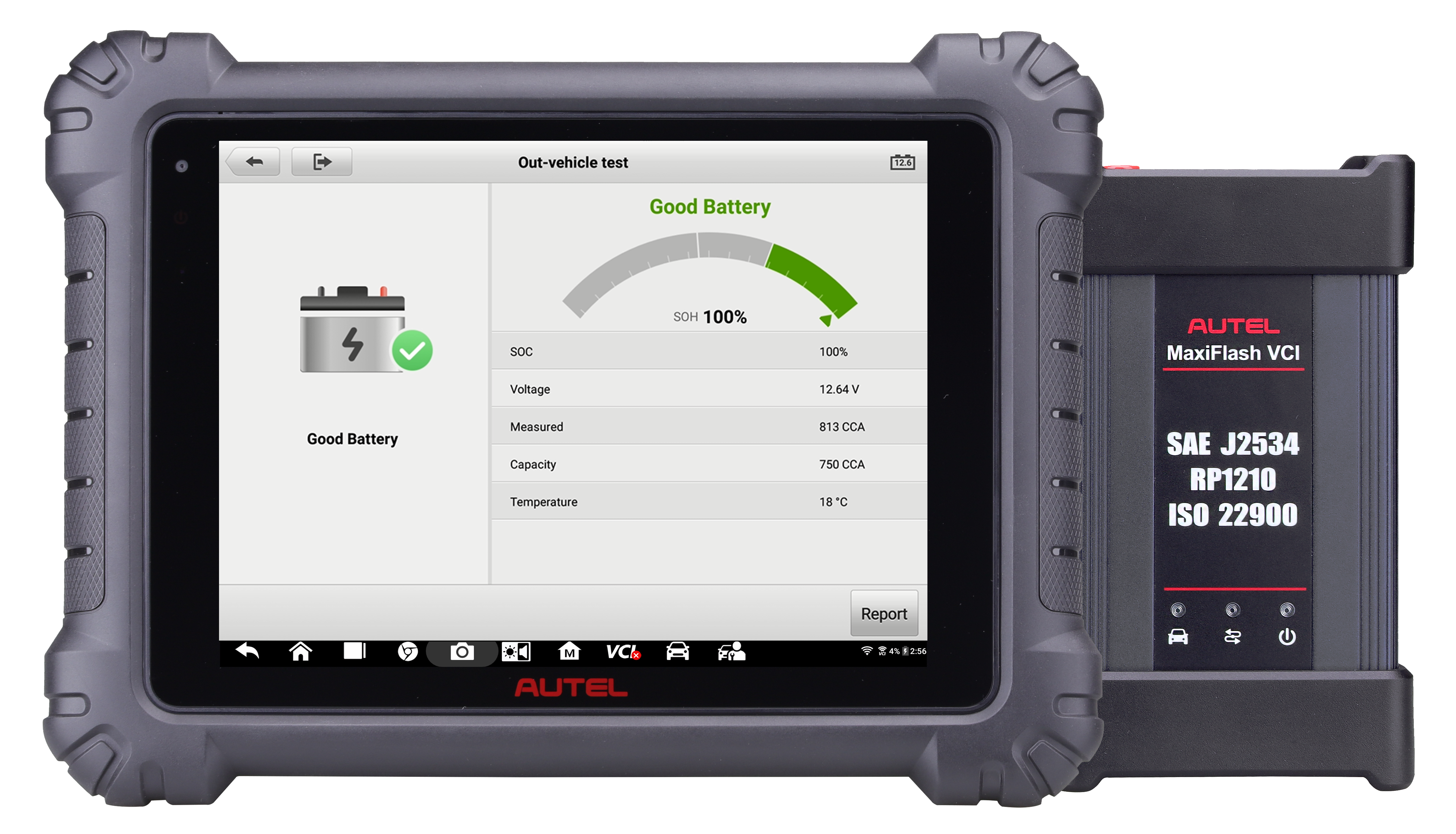 Rugged Autel automotive diagnostic tablet displaying battery health and charge stats, paired with a compact VCI module for fast vehicle diagnostics.
