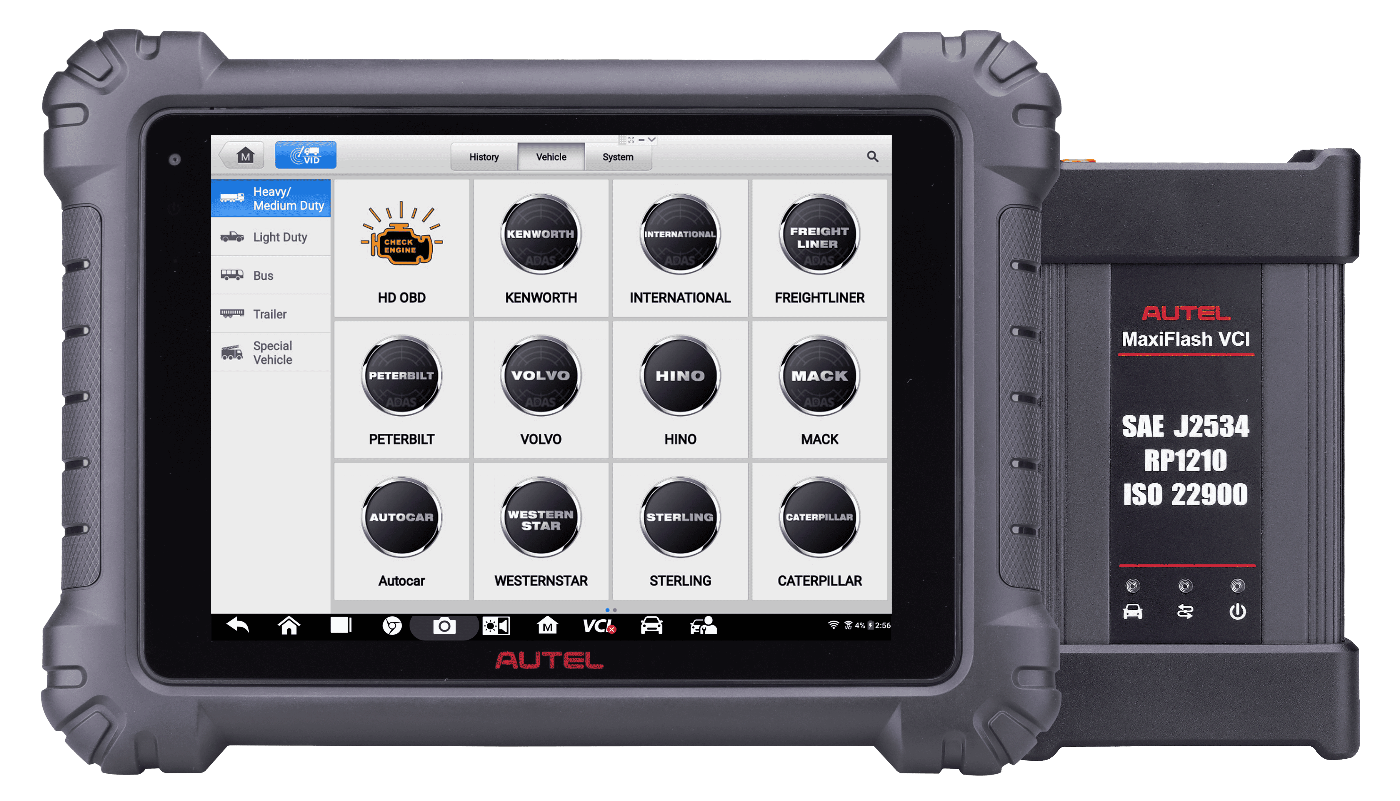 Rugged Autel vehicle diagnostic tablet with touchscreen menu of system icons and attached VCI module—professional automotive scanner for fault code reading.