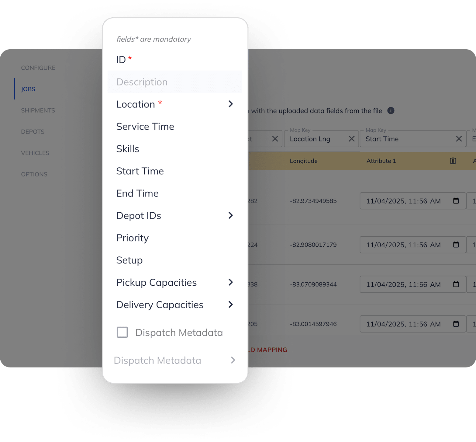 Application views contains abackground image with navigational menu and list view of Jobs. Front overlay image contains search and filters such as ID and Locations as required fields.