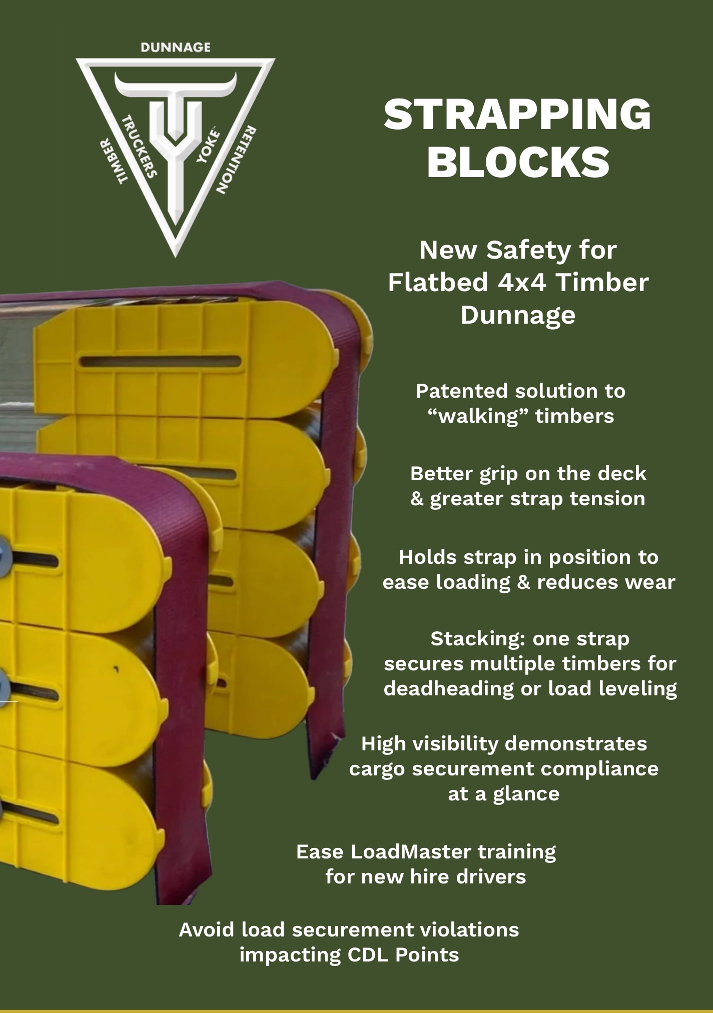 Promotional poster for TruckersYoke Strapping Blocks showing yellow and purple strapping block devices mounted on 4x4 timber dunnage. Text highlights product benefits: improved safety for flatbed loads, prevention of “walking” timbers, better grip and strap tension, reduced wear, and compliance visibility. The TruckersYoke logo appears at the top with the tagline “Timber Retention Dunnage.”